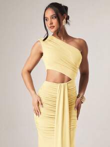 Silquee 女士夏季时尚纯色褶皱镂空单肩连衣裙 - 黃色 - 查看 4