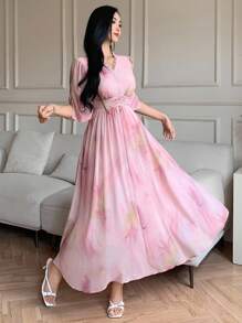 DAZY Abito elegante casual con maniche a campana, scollo a V con strass, vita con laccio incrociato, stampa floreale ditsy, adatto per matrimoni/feste, abiti estivi da donna di media lunghezza - Rosa - Visualizzare 9