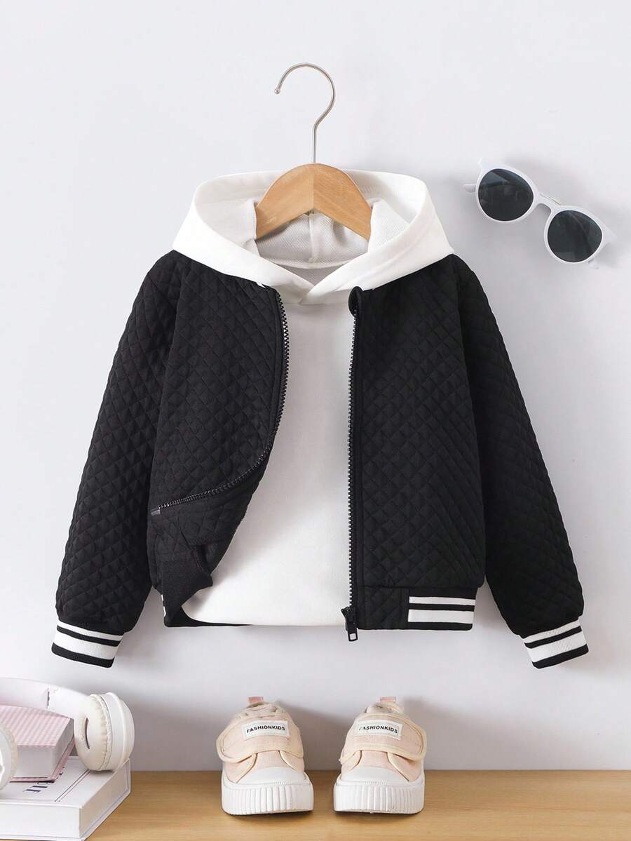 Young Girl Striped Long Sleeve Zip-Up Casual Baseball Jacket - Black - View 1