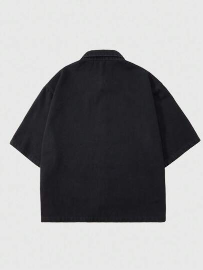 Street Life Men's Rhinestone Flame Print Short Sleeve Single-Breasted Loose Denim Shirt