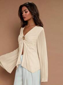 COSMINA Áo cánh tay loe xếp ly voan thanh lịch dành cho nữ, mùa xuân/hè - Màu Khaki - Xem 6