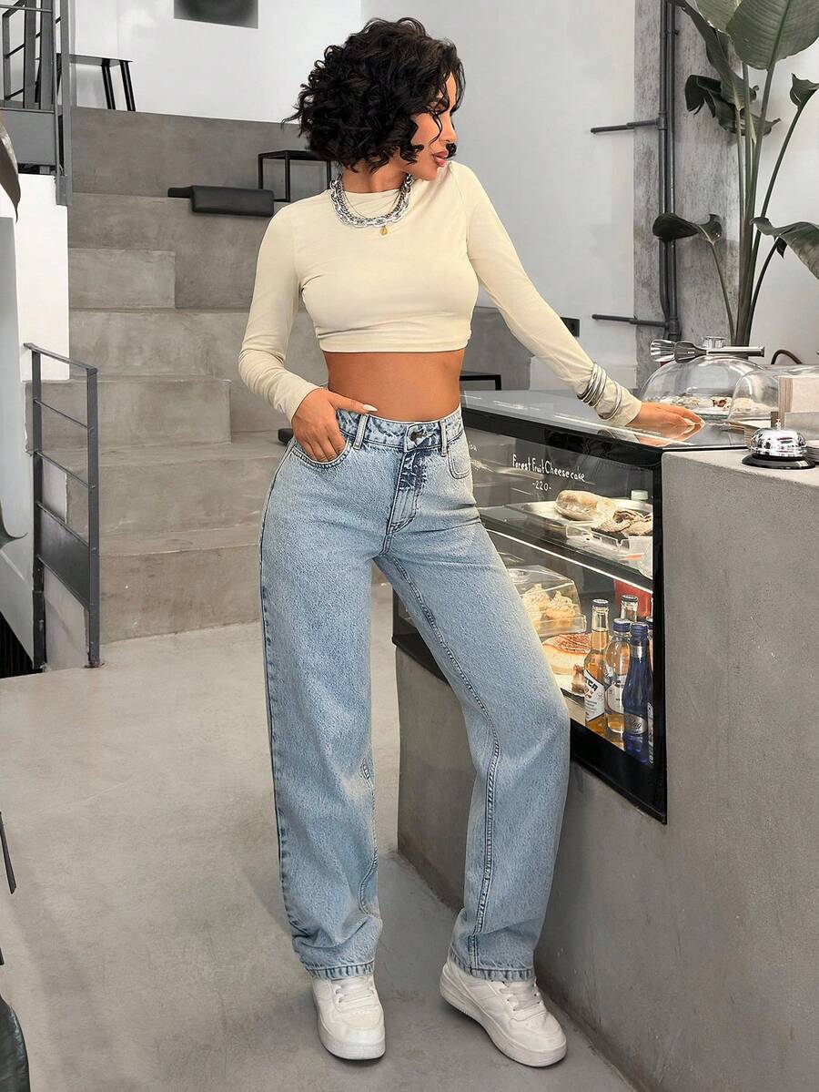 EURMUSE 女式中腰口袋阔腿宽松休闲百搭牛仔裤 - 中等水洗藍 - 查看 1