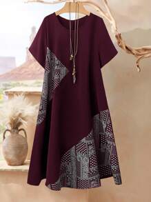 Rusticease Plus Size Geometric Print Round Neck Casual Short Sleeve Dress, Suitable For Summer