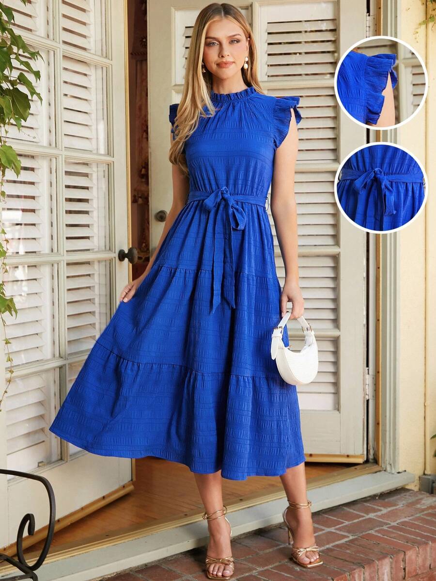 Amorya Frill Trim Ruffle Hem Belted DressFall/Winter Women Clothes Back To School Modest Vintage Old Money Teacher Outfits For Women Airport Beautiful Clothing For WomenFall/Winter Women Clothes Back To School Modest Vintage Old Money Teacher Outfits For Women Airport Beautiful Clothing For Women - Royal Blue - View 1