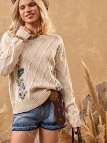 Bóhologie 复古风麻花针织套头衫，饰有精致花卉刺绣和柔和的奶油色调 - 白色 - 查看 4