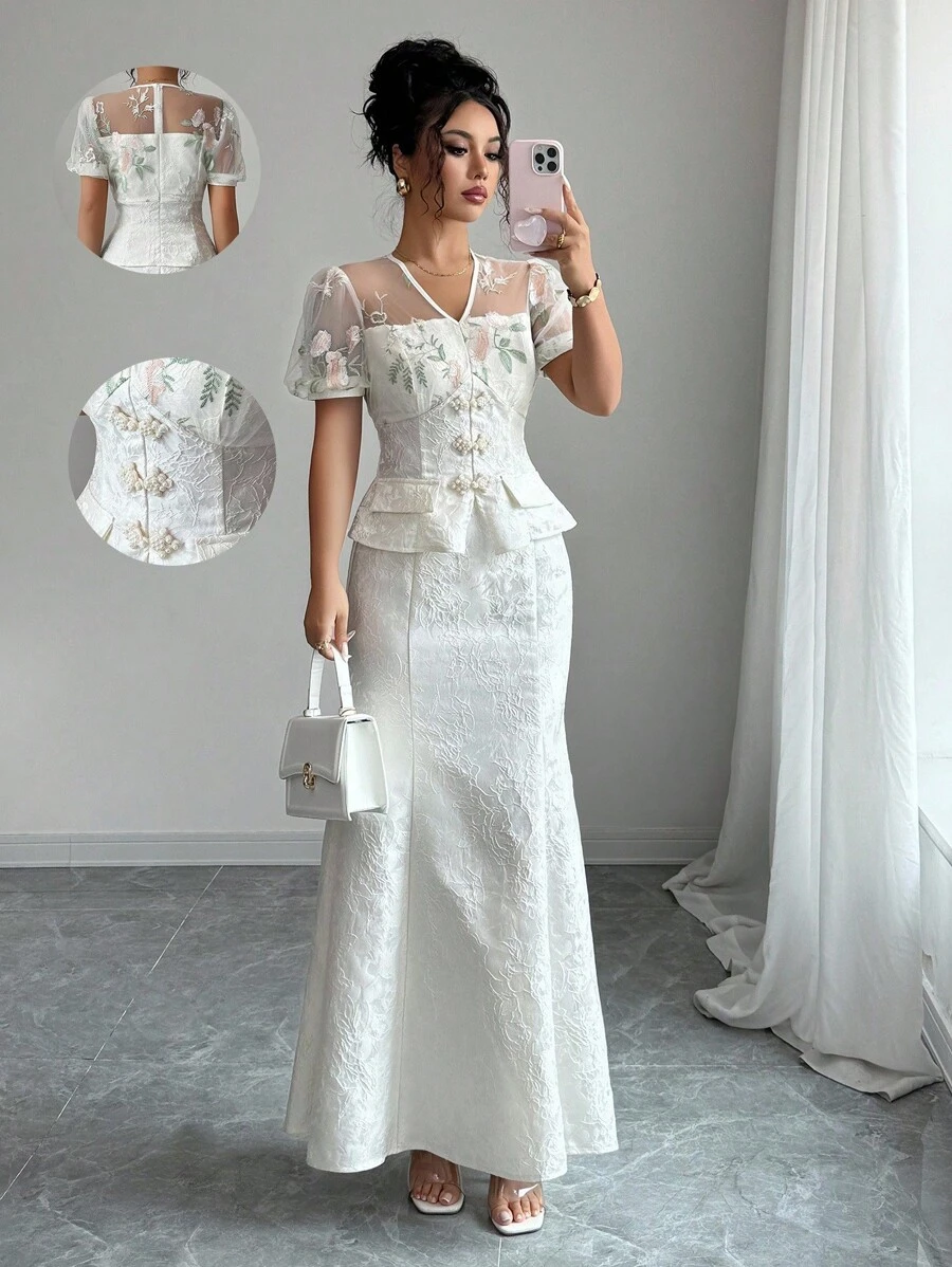 Elenzga 女士优雅时尚通勤休闲舒适奢华浪漫约会迷人复古假日网眼刺绣拼布短袖合身珍珠纽扣纯色纹理美人鱼蕾丝提花两件套（随机花卉图案） - 杏色 - 查看 1