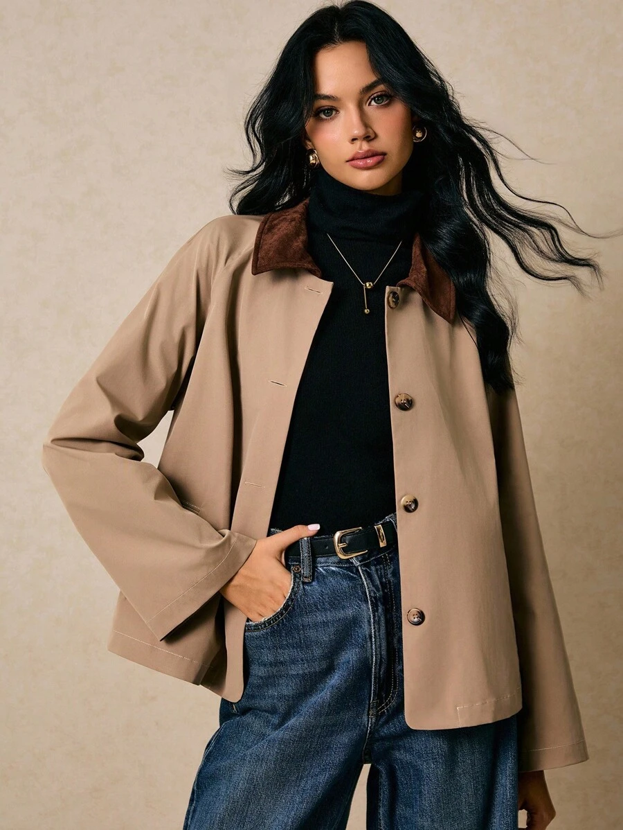 Poéselle 女士撞色领夹克 - 拼色拉链休闲外套，撞色领夹克，拼色外套，女士拉链夹克，春季休闲夹克，秋冬女士极简夹克 - 駝色 - 查看 1