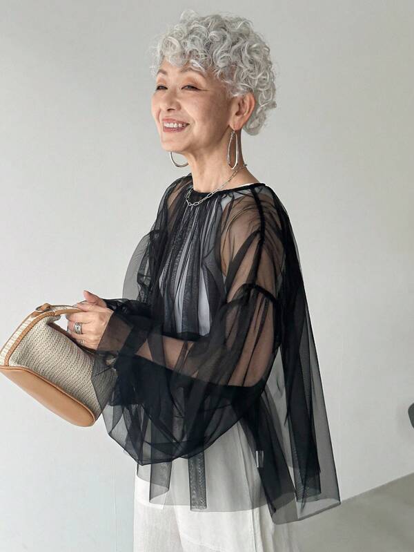 FRIFUL Women's Black Solid Color Round Neck Lantern Sleeve Sheer Mesh Fabric Layered Loose Casual Versatile Blouse, Suitable For Vacation, Outing, Airport Travel