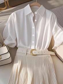 Franclia Simple White Button Design Three-Quarter Sleeve Top Apricot Pleated Long Skirt Smart And Elegant Fresh And Elegant Business Casual Office Clothing Women's Two Pieces Summer Suit - Multicolor - View 4