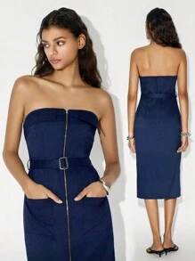 Lumivelle 女士优雅抹胸翻盖口袋中长工装连衣裙 - 藏蓝色 - 查看 1