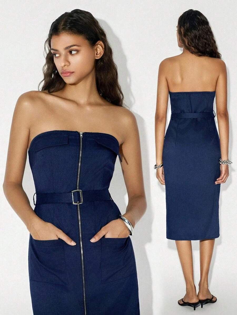 Lumivelle 女士优雅抹胸翻盖口袋中长工装连衣裙 - 藏蓝色 - 查看 1