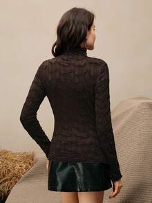 Anewsta Women's Elegant Textured Turtleneck Slim Fit Long Sleeve T-Shirt - Coffee Brown - View 2