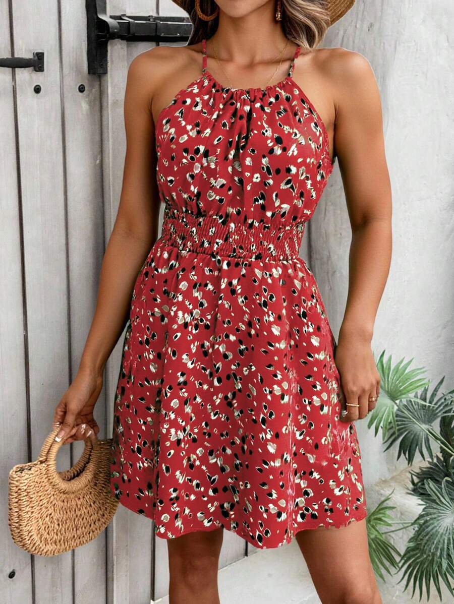 Breezaya Summer Vacation Casual All-Over Print Halter Dress - Dark Red - View 1
