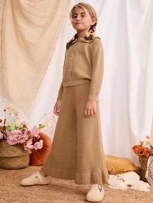 Blossori Young Girls' French Elegant Large Lapel Front Button Knitted Cardigan/Knitted Pants Set Girls Brown Knit Outfit Little Girl Brown Pant Set Toddler Girl Brown Sweater Set Girls Knit Set,In Fall/Winter - Khaki - View 3
