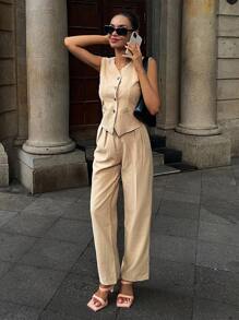 DAZY Completo da donna 2 pezzi, gilet e pantaloni in stile minimalista - Cachi - Visualizzare 2