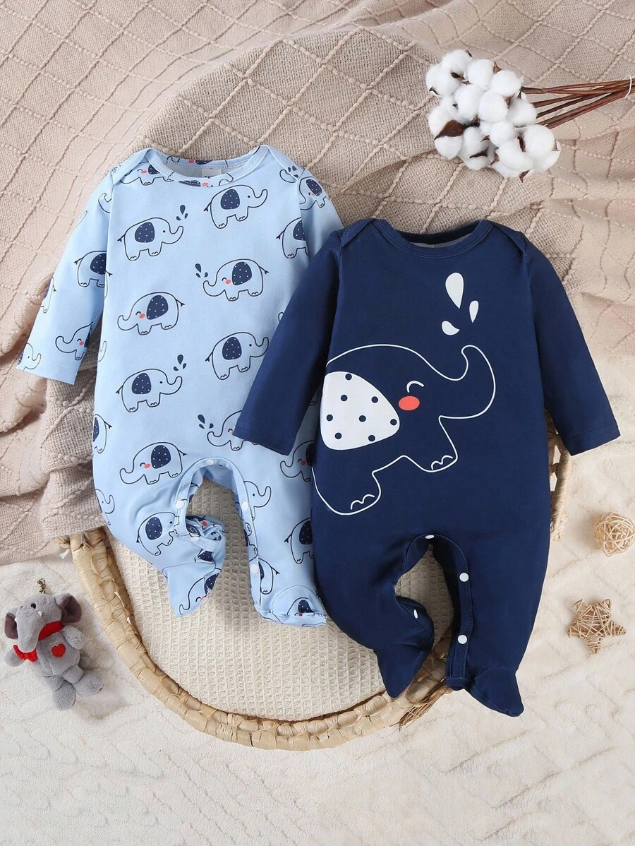 SHEIN Bộ 2 bộ đồ ngủ liền thân dài tay tối giản in hình chú voi dễ thương cho trẻ sơ sinh màu trắng và xanh - Xanh đậm - Xem 1