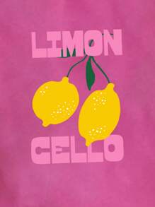 DrmWander 女士休闲字母和柠檬印花落肩短袖 T 恤，夏季 - 玫紅色 - 查看 3