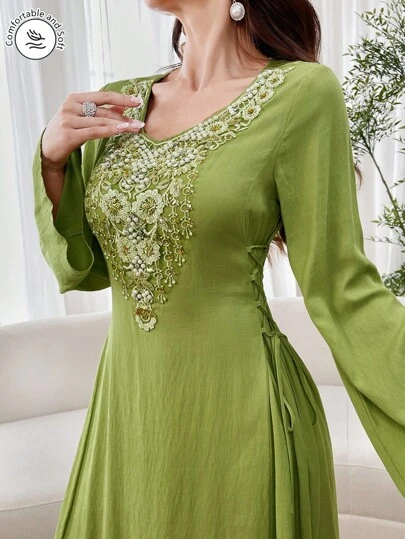 Al Najma Women's Plain V-Neck Elegant Long Sleeve Arabian Modest Dress With Decorative Applique, Summer, Side Tie Up Full Length Jalabiya Kaftan Modest Dress