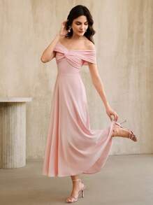 Anewsta Váy hở vai màu hồng quyến rũ thanh lịch, thích hợp cho đám cưới, tốt nghiệp - Hồng - Xem 3