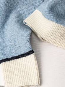 Franclia 女士撞色圆领开衫，春秋 - 藍白色 - 查看 3