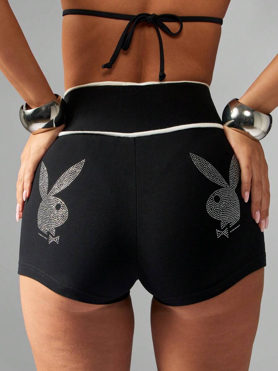 Missguided x Playboy 高腰弹力短裤，带水钻兔子标志，复古节日热裤，夏季海滩派对裤 - 黑色 - 查看 1