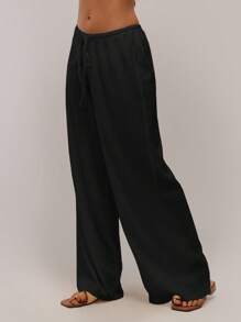 SHEIN Forever 21 Women's Solid Color Drawstring Waist Wide Leg Loose Casual Pants,Fall Clothes For Women - Black - View 5