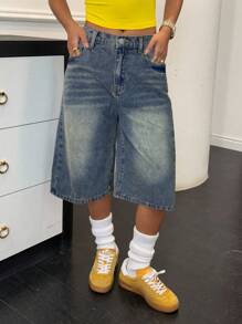 SHEIN 少女春夏 Y2K 石洗低腰宽松长短七分牛仔裤，夏季狂欢音乐会街头服饰 - 深色水洗藍 - 查看 5