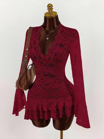 Amplova Deep V Neck Burgundy Mini Dress With All Over Lace And Long Flare Sleeves,Party Dress