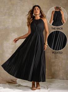 Roveilla Plus Size Women Elegant Solid Color Pleated Halter Dress For Summer - Black - View 8