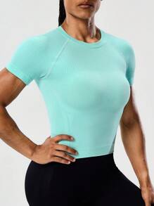 SHEIN Sports Áo thun thể thao ôm vừa vặn tay ngắn màu trơn thường ngày dành cho nữ - Màu xanh lam - Xem 3