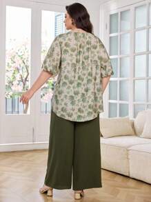 Lacomfia Conjunto de 2 peças plus size primavera/verão, gola redonda, mistura de algodão, estampado, solto, casual e confortável - Verde Azeitona - Ver 2