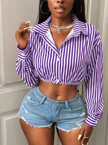 BamGleam Camisa Casual Listrada Curta e Sexy para Transporte