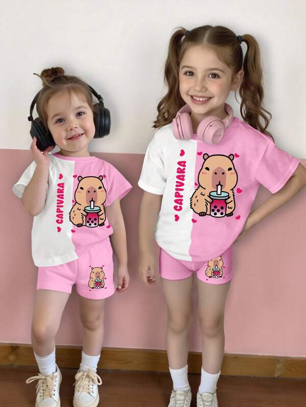 SHEIN Juego de estampado de dibujos animados lindo con bloque de color y huella de pata para niñas pequeñas, conjuntos a juego de estilo casual y de moda (Se venden por separado los 2 conjuntos de piezas)