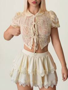 Sweetina Summer Elegant Jacquard Tie-Up Puff Sleeve Top & Lace Trim Cake Skirt Set - Apricot - View 6
