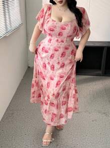 Flirla Plus Size Women Floral Print Chiffon Raglan Ruffle Sleeve Elegant Dress, Pink - Multicolor - View 2