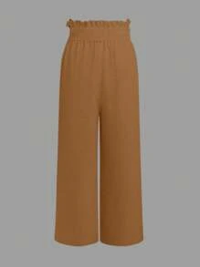 SHEIN LUNE 女式简约纯色优雅纸袋腰阔腿裤 - 棕色 - 查看 2