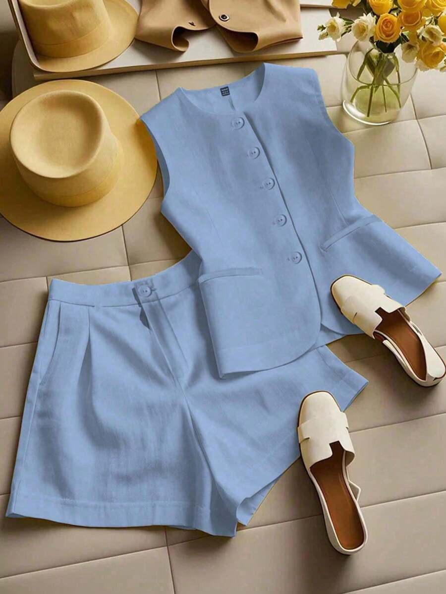 Franclia Elegancki damski zestaw kamizelki w jednolitym kolorze i szortów, strój letni