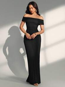 Almamuse Black Textured Splice Pleated One Shoulder Elegant Dress, Spring/Summer - Black - View 5