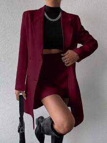 EURMUSE Women's Fashion Commuter Solid Color Jacket & Skirt Suit Set - Burgundy - View 1