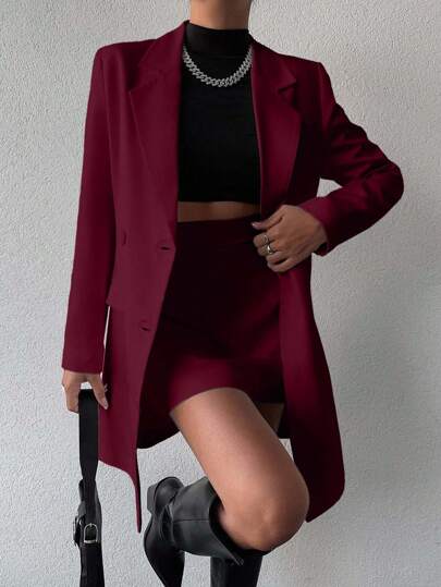 EURMUSE Women's Solid Color Long Sleeve Jacket And Mini Skirt Suit Set