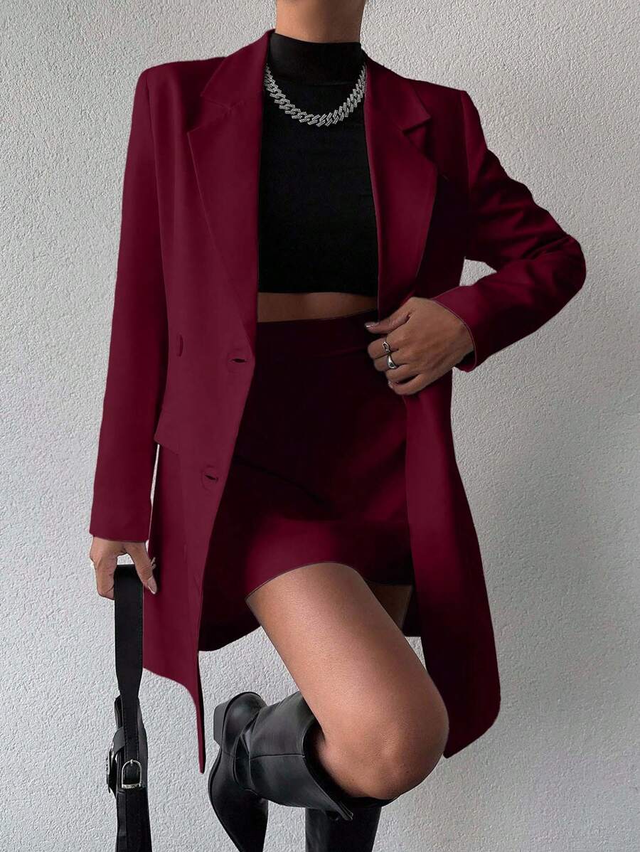 EURMUSE Women's Fashion Commuter Solid Color Jacket & Skirt Suit Set - Burgundy - View 1