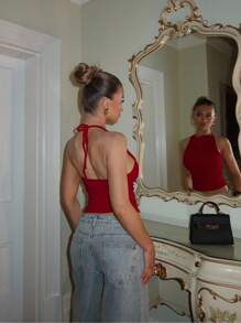Glamine Top sin mangas con tirantes finos de color rojo elegante para fiestas navideñas de invierno para mujeres - Burdeos - Ver 2