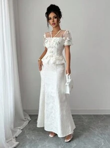 Elenzga 女士优雅时尚通勤休闲舒适奢华浪漫约会迷人复古假日网眼刺绣拼布短袖合身珍珠纽扣纯色纹理美人鱼蕾丝提花两件套（随机花卉图案） - 杏色 - 查看 8