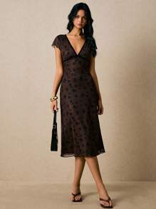 Poéselle Women's Elegant Floral Print Mesh Midi Dress, Summer ,Fall Wedding Guest Dress - Brown - View 1