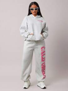 Radiana 休闲宽松保暖内衬浅灰色连帽衫，秋冬超大号粉色字母印花套头连帽衫，街头风格运动服，家居服 - 灰色 - 查看 1