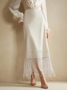 Anewsta 女式优雅纯色流苏下摆长裙 - 杏色 - 查看 2