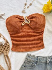 Soleia 女士度假露肩短款上衣，前部镂空金属扣装饰，修身显瘦，适合派对、约会、下午茶、波西米亚风、波西米亚风、浪漫花卉、度假、节日、圣诞节 - 棕色 - 查看 3