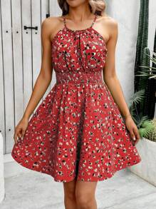 Breezaya Summer Vacation Casual All-Over Print Halter Dress - Dark Red - View 3