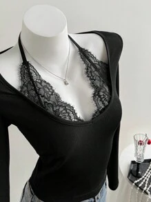 Elamini 女式黑色罗纹针织蕾丝拼布蕾丝领口系带长袖紧身 T 恤，优雅复古别致女士休闲通勤约会装，春秋黑色蕾丝上衣女式黑色蕾丝上衣。露出肌肤 - 黑色 - 查看 1