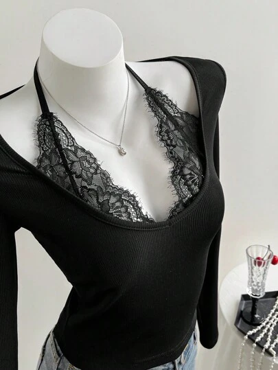 Elamini Women's Black Ribbed Knit Lace Patchwork Hlater Neck Tie Front Long Sleeve Bodycon T-Shirt, Elegant Vintage Chic Casual Commute Date For Women, Spring/Autumn Black Lace Top Women Black Lace Top. Skin Revealing Fall Cloth For Women